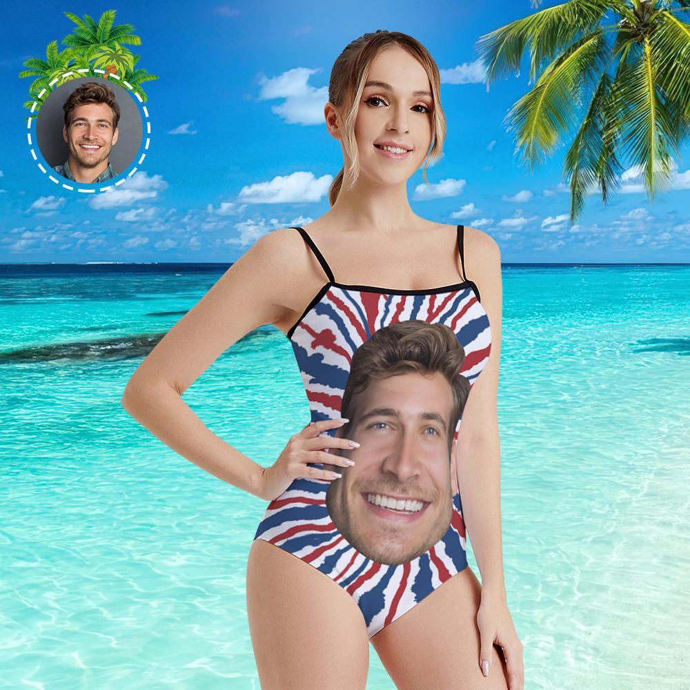 Custom Face Swimwear Women's Photo Slip One Piece Swimsuit- Tie Dye USA Flag - MyFaceBoxer