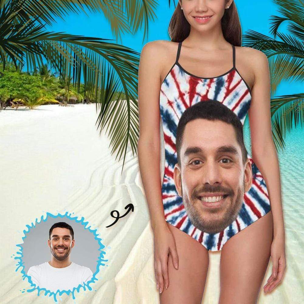 Custom Face Swimwear Women's Photo Slip One Piece Swimsuit- Tie Dye USA Flag - MyFaceBoxer