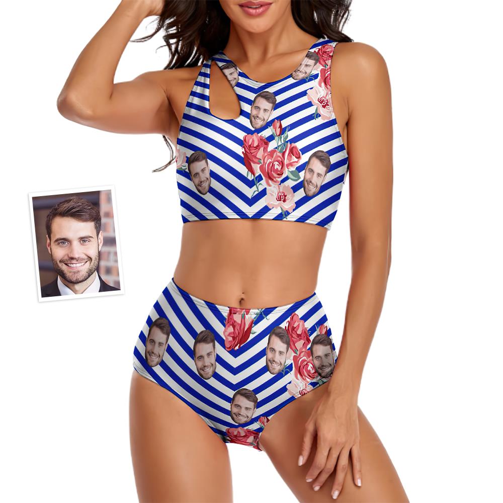 Custom Face Women's Stripe Two-piece Swimsuit Flowers - MyFaceBoxer