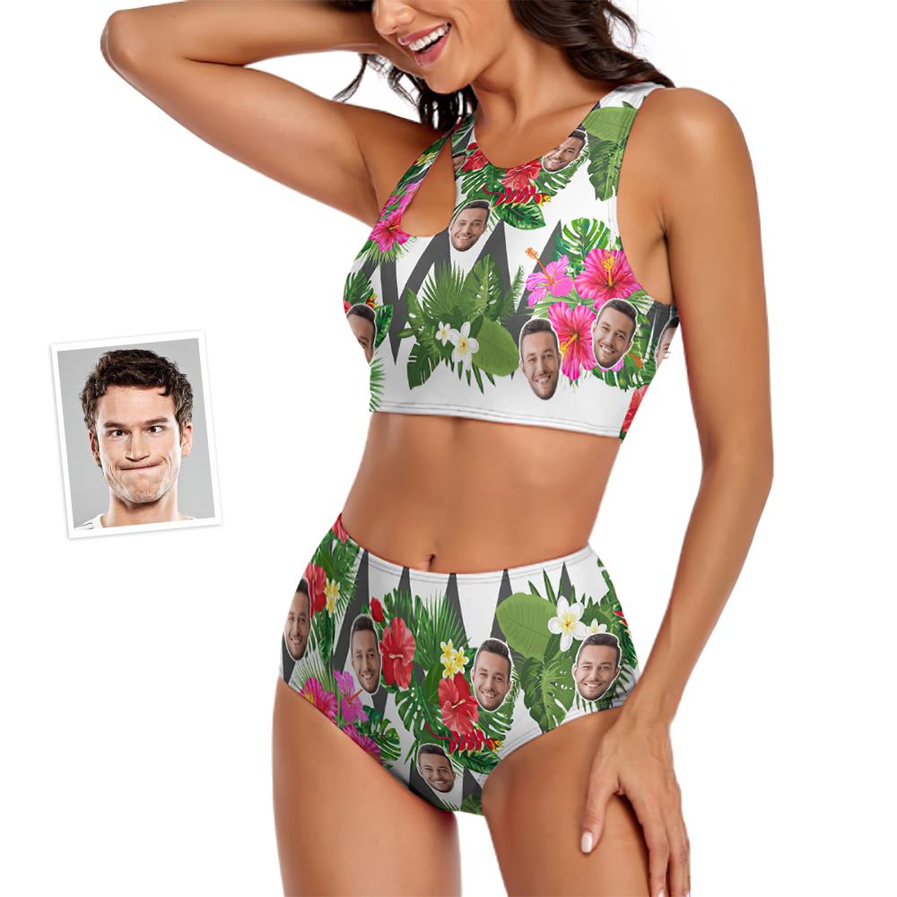 Custom Face Women's Flowers Ripple Two-piece Swimsuit - MyFaceBoxer