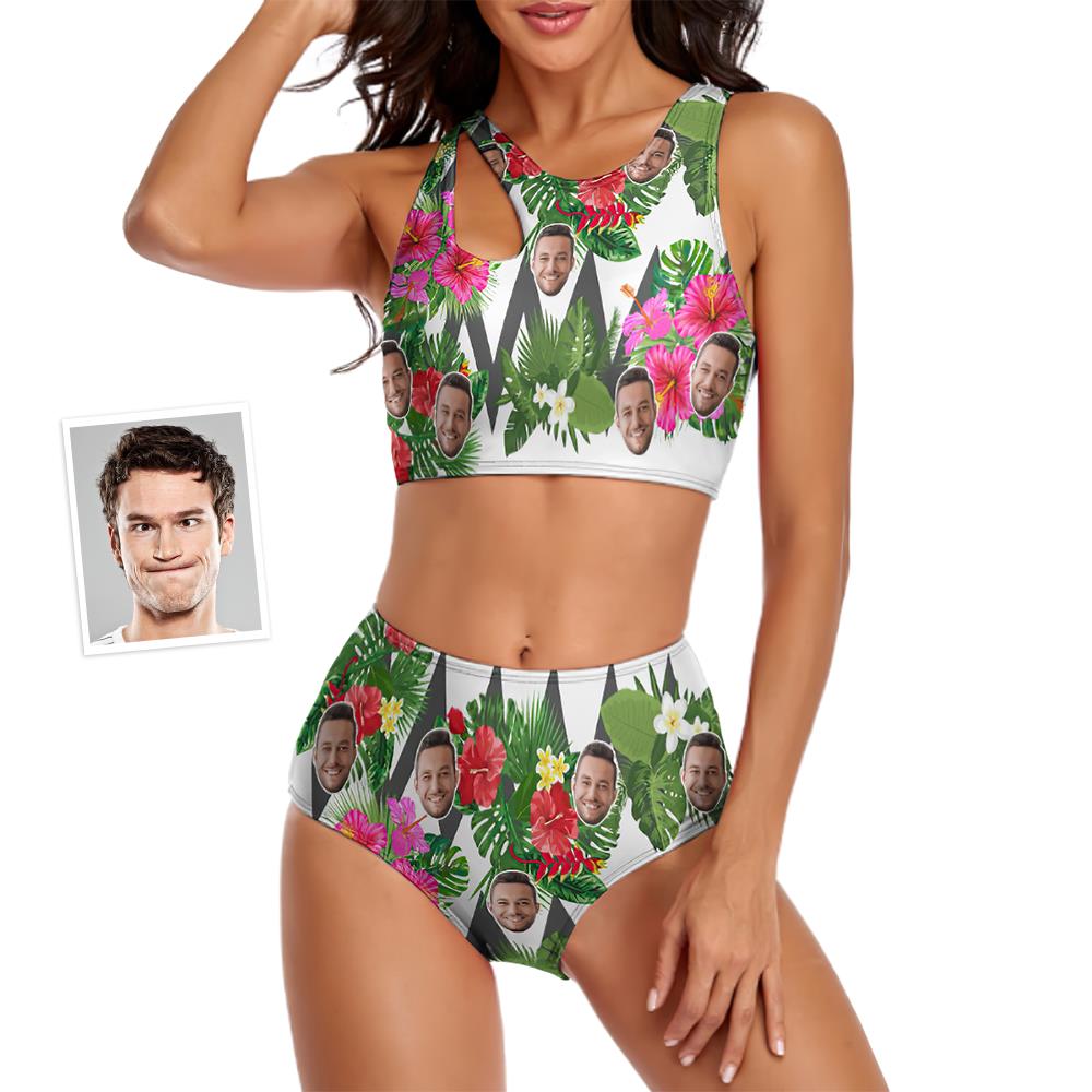 Custom Face Women's Flowers Ripple Two-piece Swimsuit - MyFaceBoxer