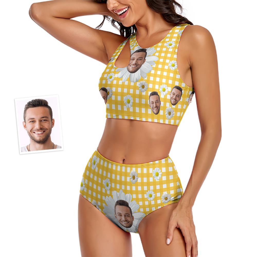 Custom Face Women's Little Daisy Series Plaid Two-piece Swimsuit - MyFaceBoxer