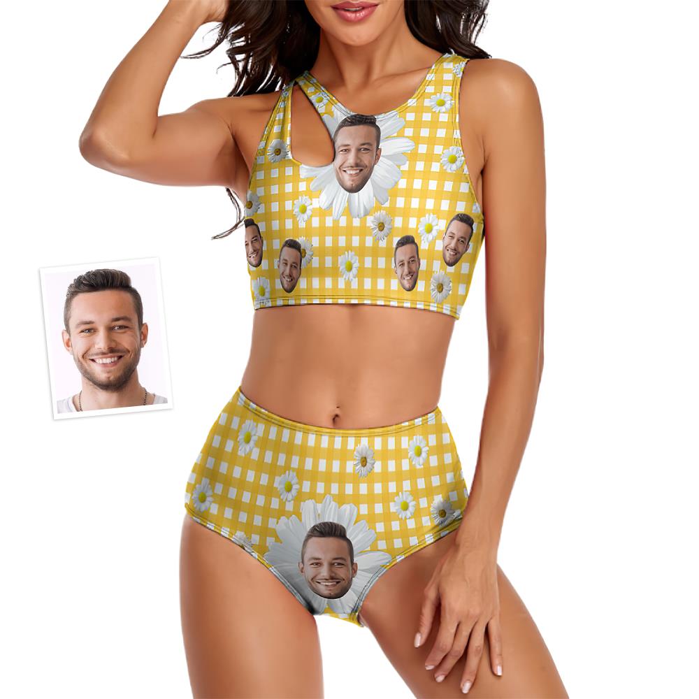 Custom Face Women's Little Daisy Series Plaid Two-piece Swimsuit - MyFaceBoxer