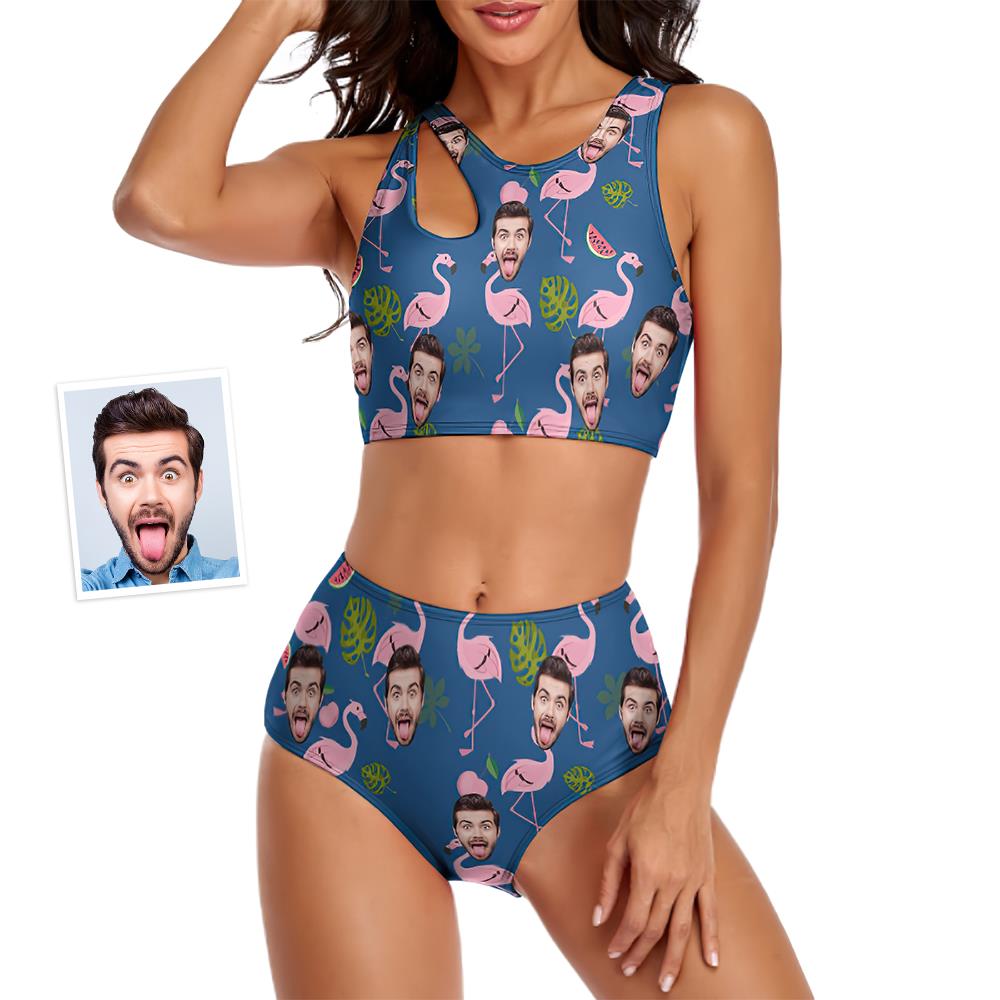 Custom Face Women's Pink Flamingo Pattern Two-piece Swimsuit - MyFaceBoxer