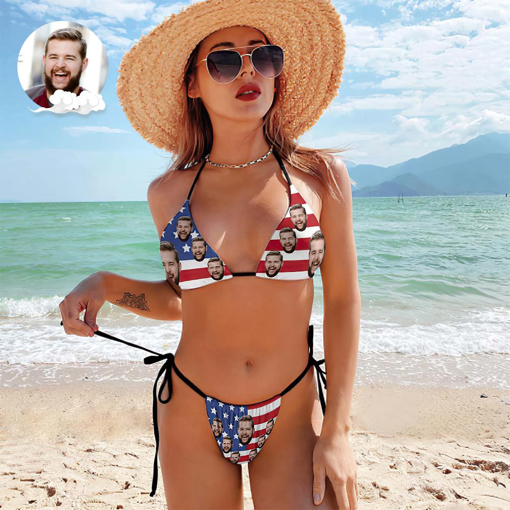 Custom Face Swimming Suit Sexy Strappy Bikini Star Flag - MyFaceBoxer