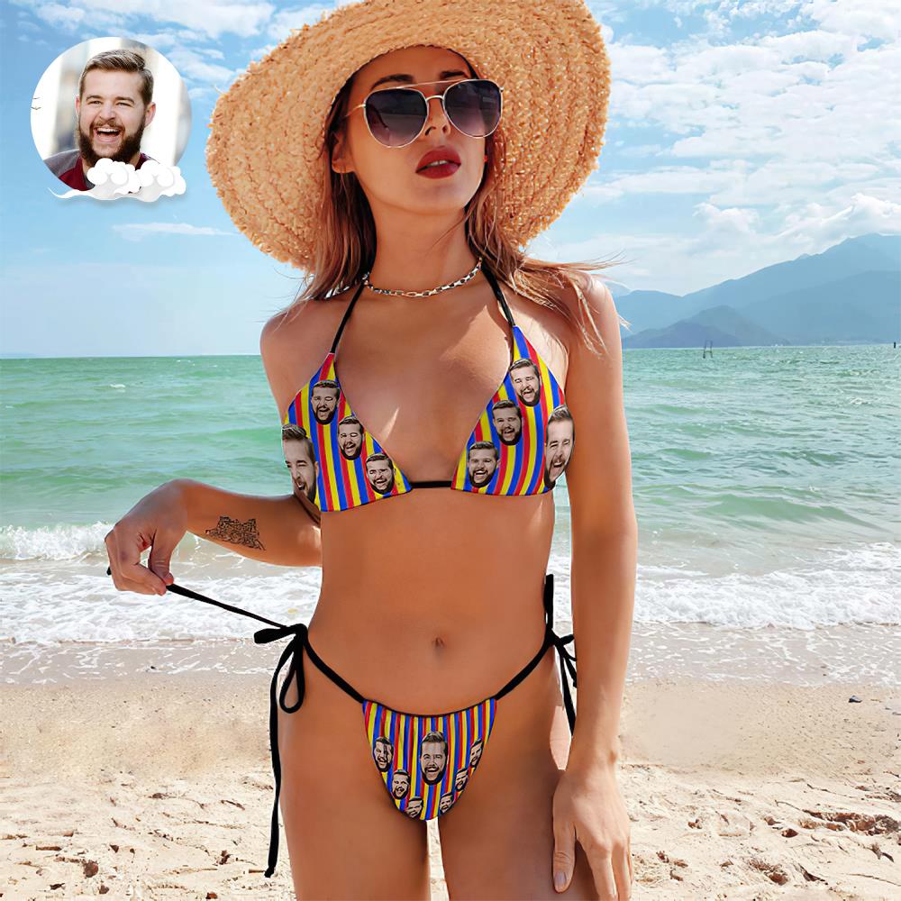 Custom Face Swimming Suit Sexy Strappy Bikini Rainbow Stripes - MyFaceBoxer