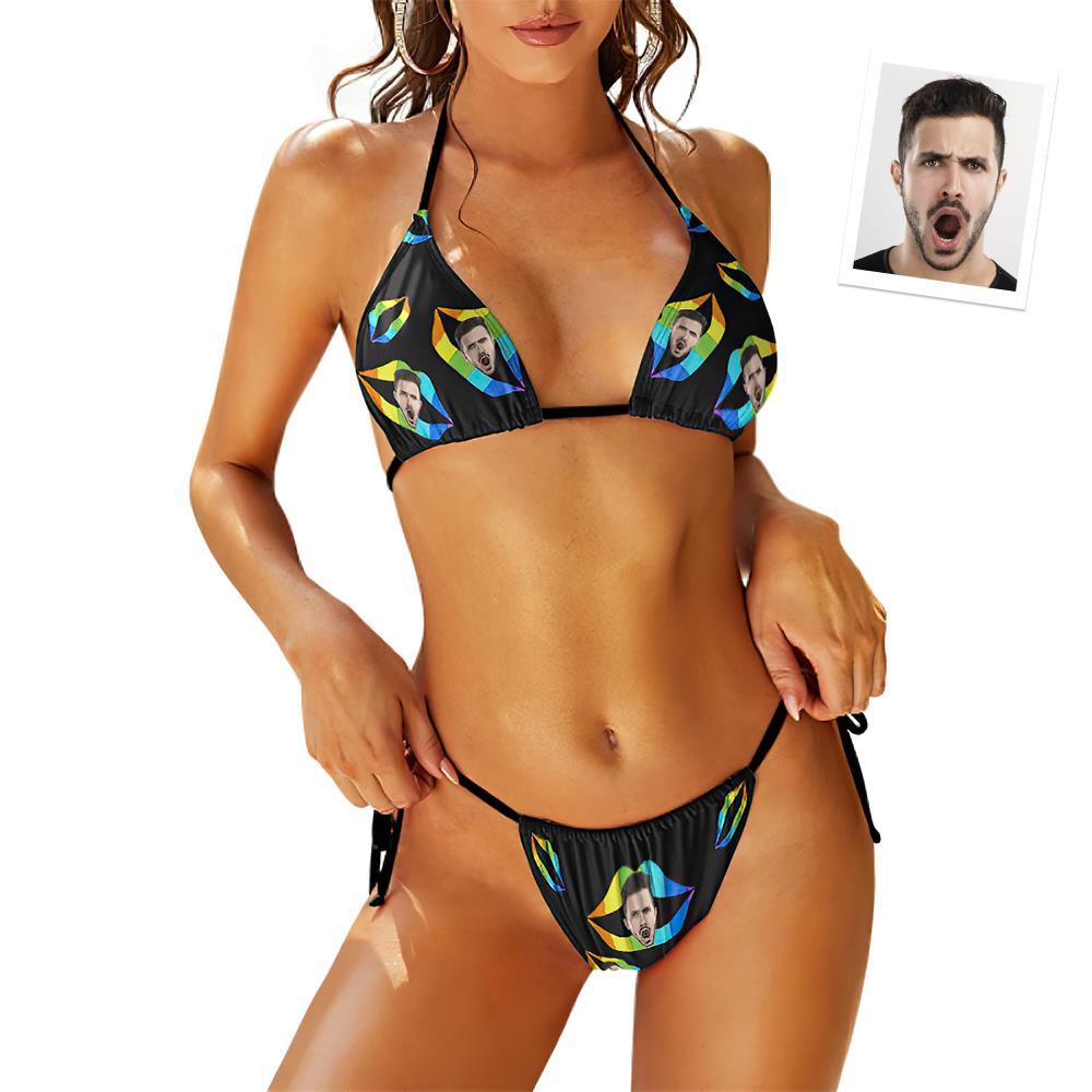 Custom Face Swimming Suit Sexy Strappy Bikini Rainbow Kiss - MyFaceBoxer