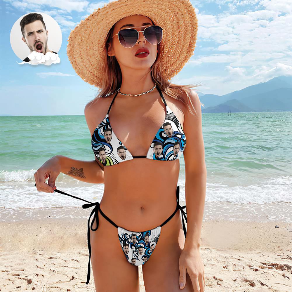 Custom Face Swimming Suit Sexy Strappy Bikini Waves - MyFaceBoxer