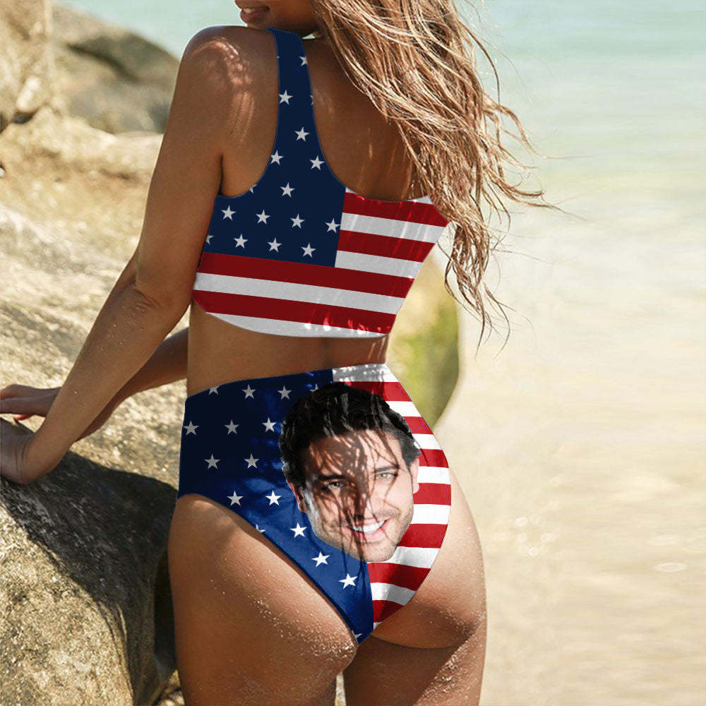 Custom Face Bikini Women's Chest Strap Bathing Suit - American Flag - MyFaceBoxer