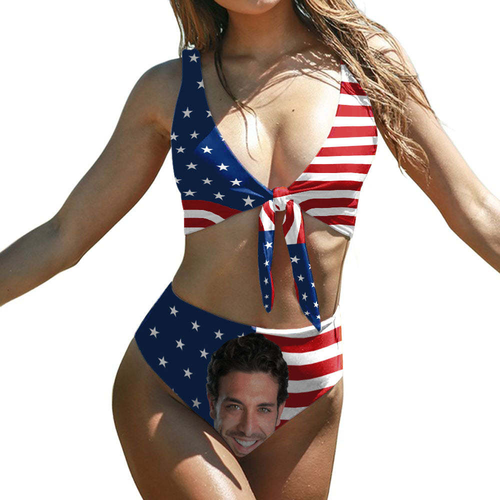 Custom Face Bikini Women's Chest Strap Bathing Suit - American Flag - MyFaceBoxer