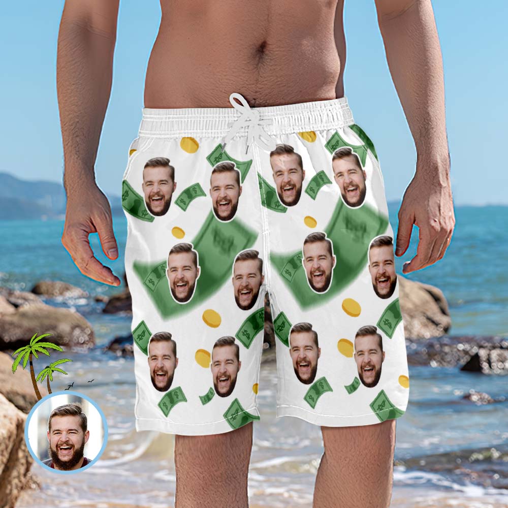 Custom Head Photo Get Rich Men's Beach Trunks	 - MyFaceBoxer