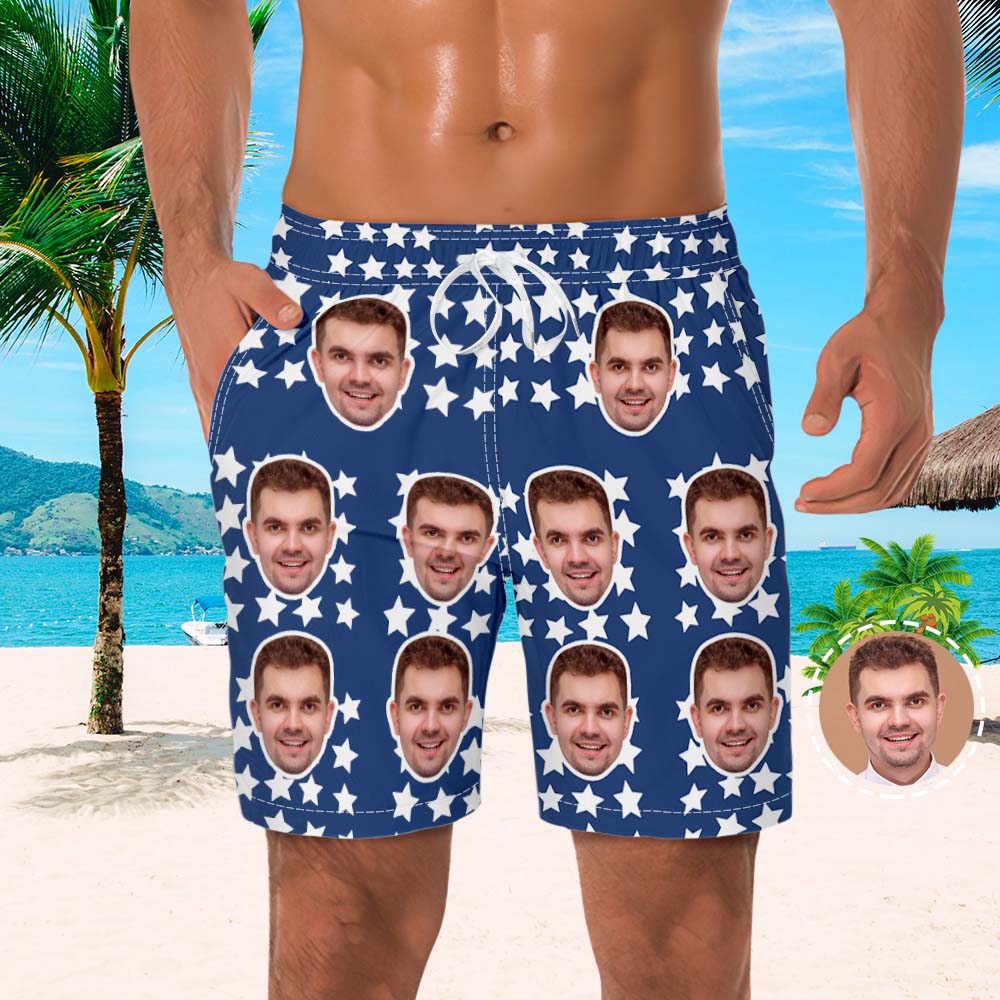 Custom Face Photo Men's Swim Trunk Summer Blue with Star	 - MyFaceBoxer