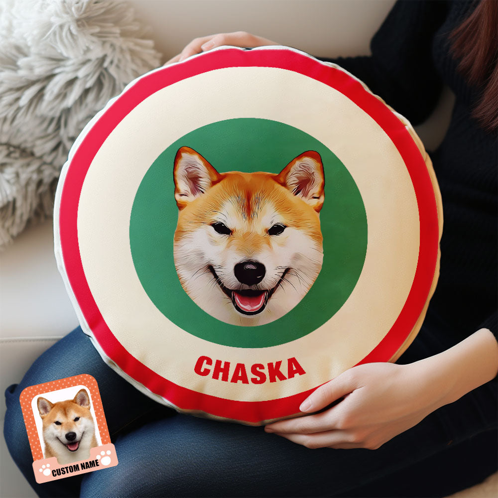 Custom Round Shape Pillow Personalized Pet Photo with Name Gift for Pet Lover - Red & Green - MyFaceBoxer