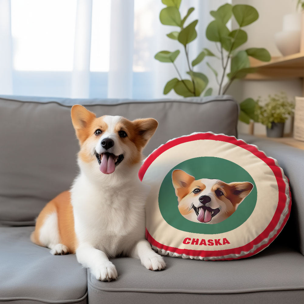 Custom Round Shape Pillow Personalized Pet Photo with Name Gift for Pet Lover - Red & Green - MyFaceBoxer