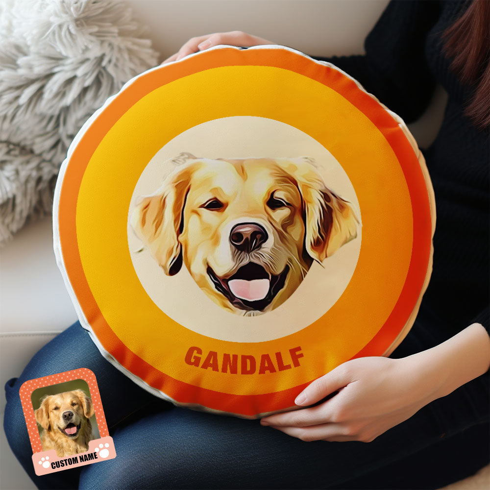 Custom Round Shape Pillow Personalized Pet Photo with Name Gift for Pet Lover - Orange - MyFaceBoxer