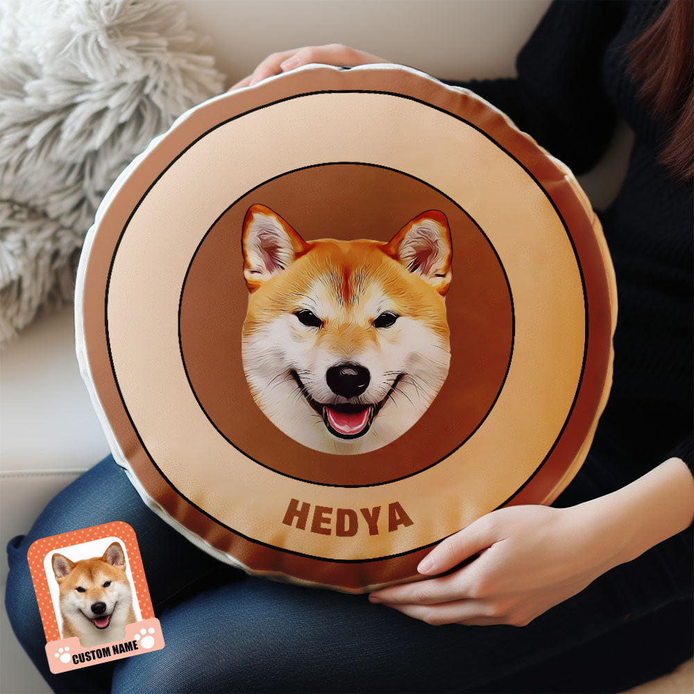 Custom Round Shape Pillow Personalized Pet Photo with Name Gift for Pet Lover - Brown - MyFaceBoxer