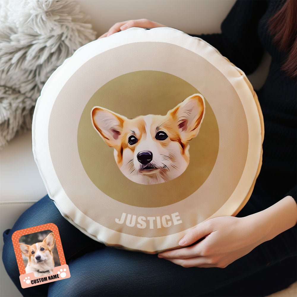 Custom Round Shape Pillow Personalized Pet Photo with Name Gift for Pet Lover - Khaki - MyFaceBoxer