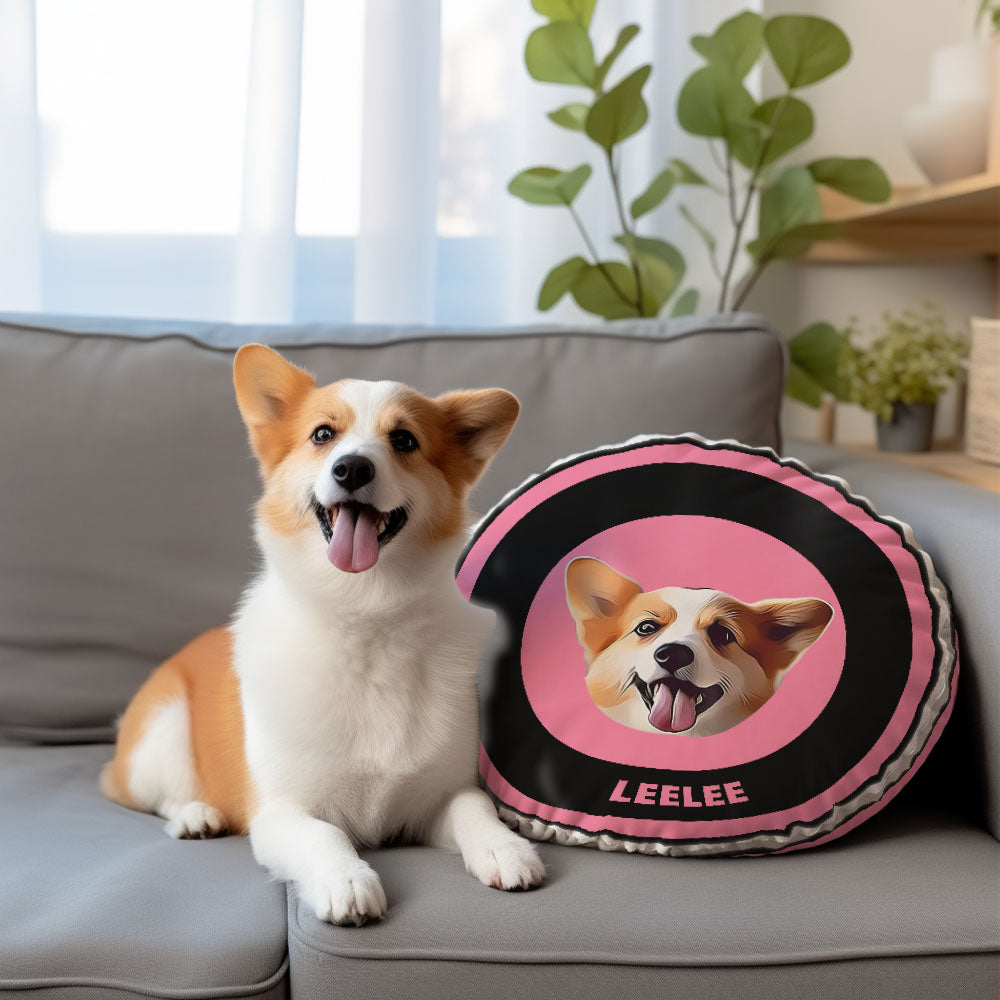 Custom Round Shape Pillow Personalized Pet Photo with Name Gift for Pet Lover - Black & Pink - MyFaceBoxer
