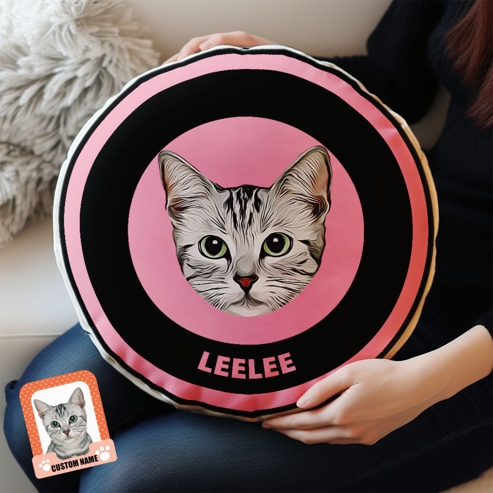 Custom Round Shape Pillow Personalized Pet Photo with Name Gift for Pet Lover - Black & Pink - MyFaceBoxer