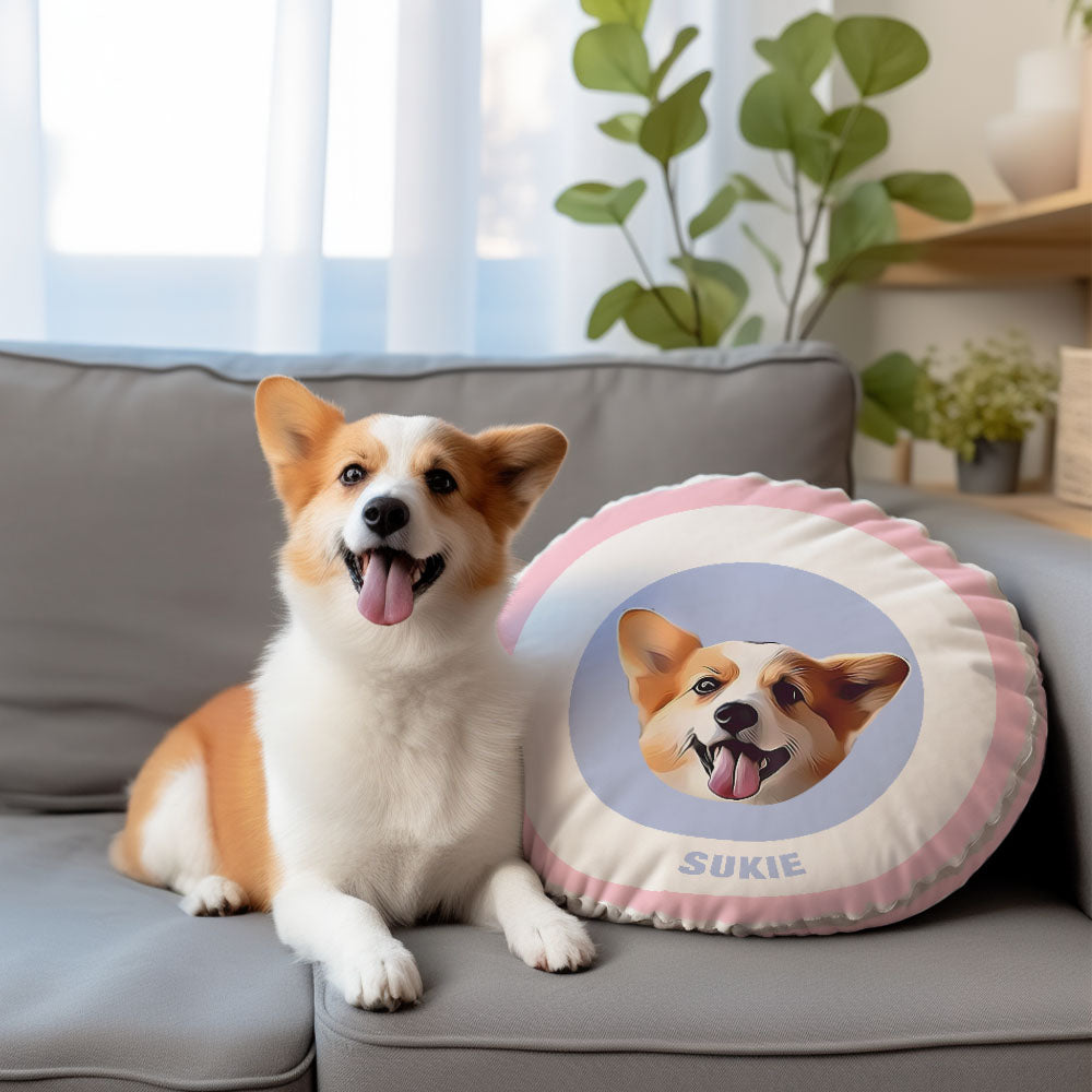 Custom Round Shape Pillow Personalized Pet Photo with Name Gift for Pet Lover - Pink & Blue - MyFaceBoxer