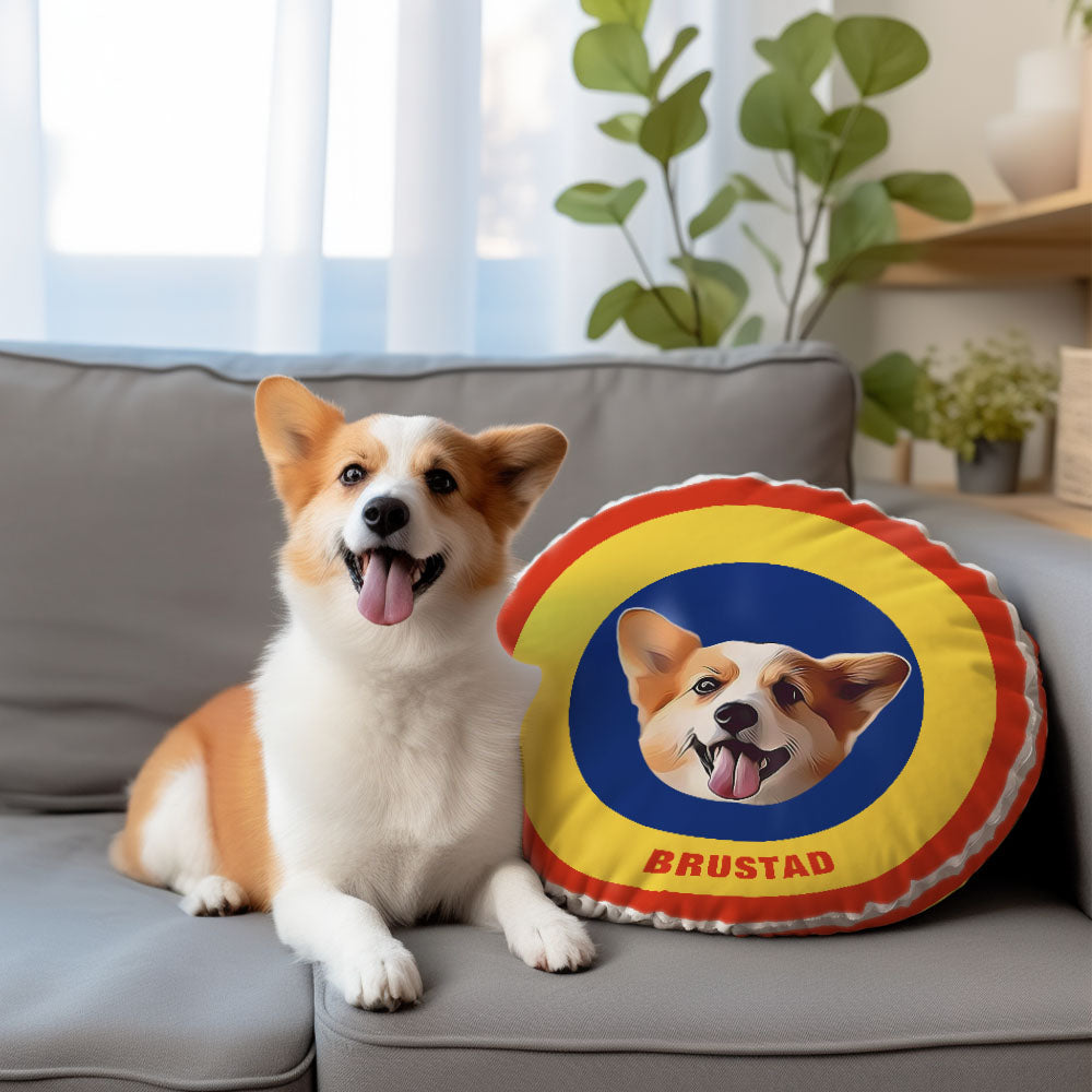 Custom Round Shape Pillow Personalized Pet Photo with Name Gift for Pet Lover - Yellow & Blue - MyFaceBoxer