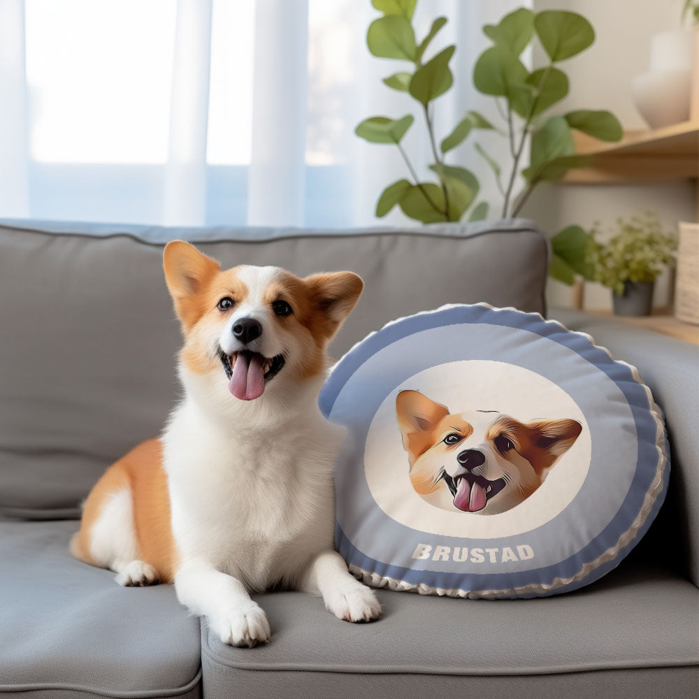 Custom Round Shape Pillow Personalized Pet Photo with Name Gift for Pet Lover - Blue - MyFaceBoxer