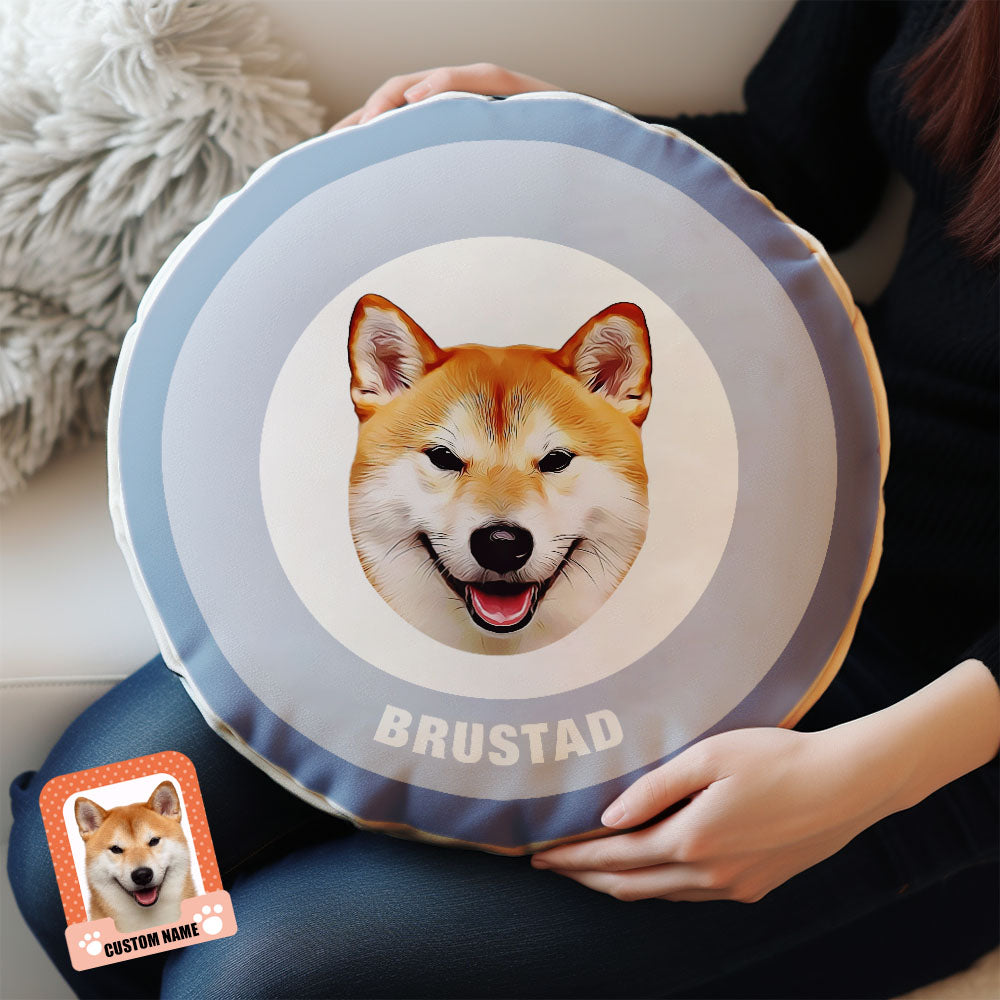 Custom Round Shape Pillow Personalized Pet Photo with Name Gift for Pet Lover - Blue - MyFaceBoxer