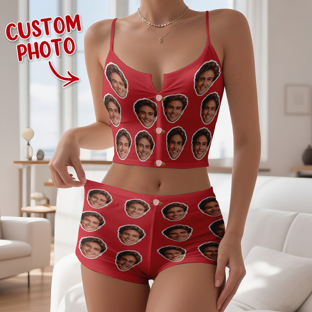 Valentine's Gifts Custom Photo Appliques Notched Neckline Lingerie Set