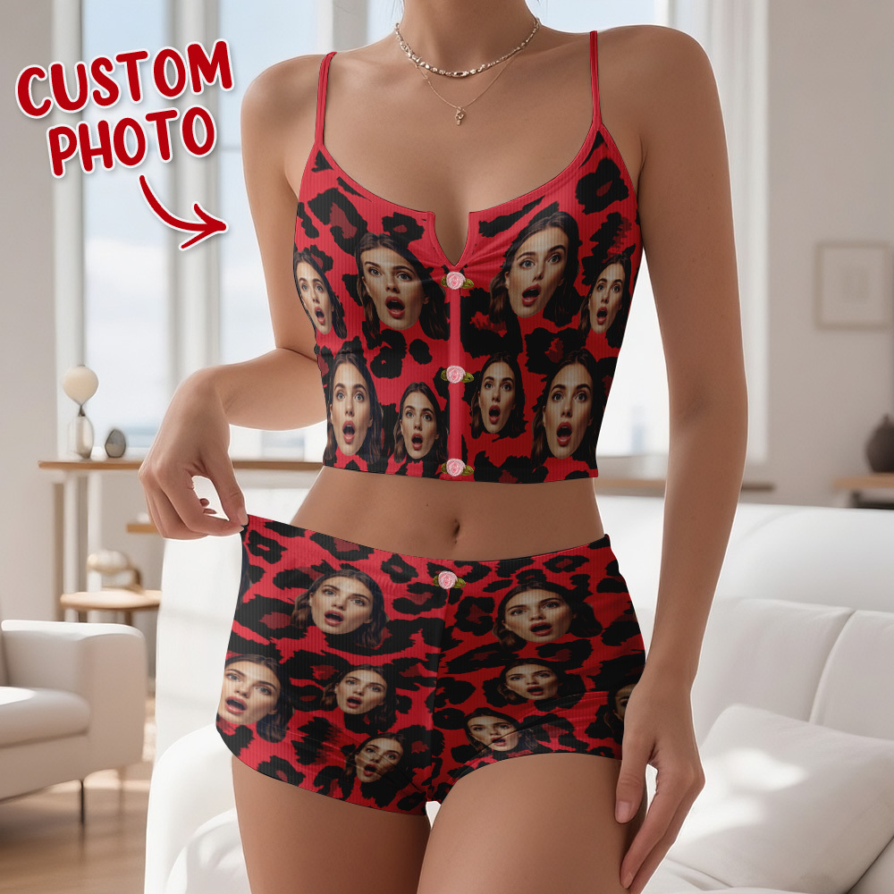 Valentine's Gifts Custom Face Appliques Notched Neckline Lingerie Set Leopard Print