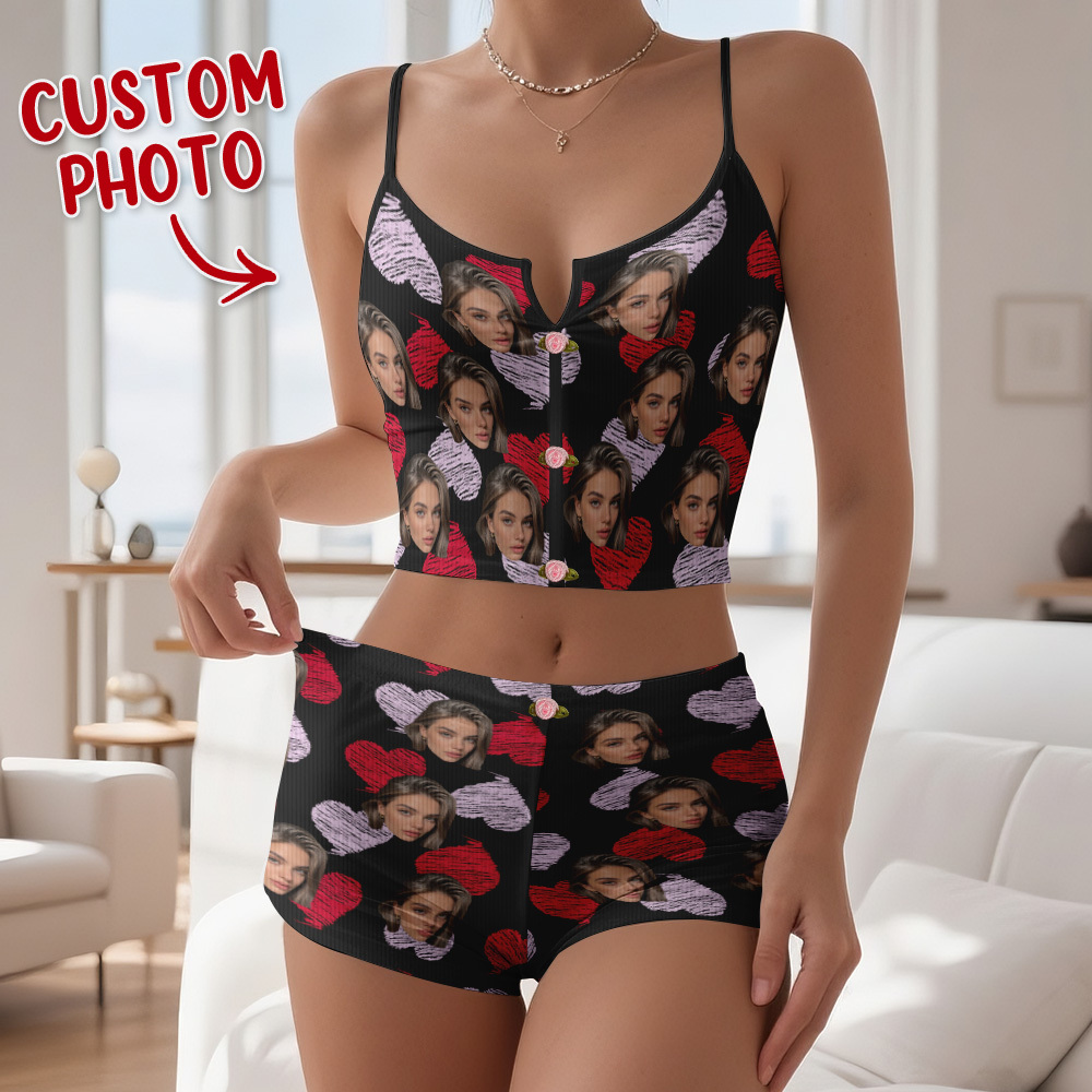 Valentine's Gifts Custom Face Appliques Notched Neckline Lingerie Set Red and Pink Heart