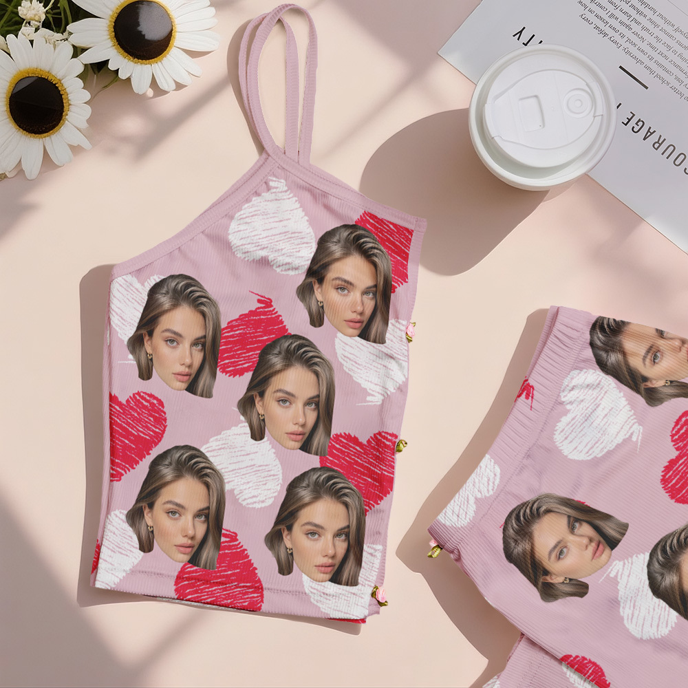 Valentine's Gifts Custom Face Appliques Notched Neckline Lingerie Set Red and Pink Heart