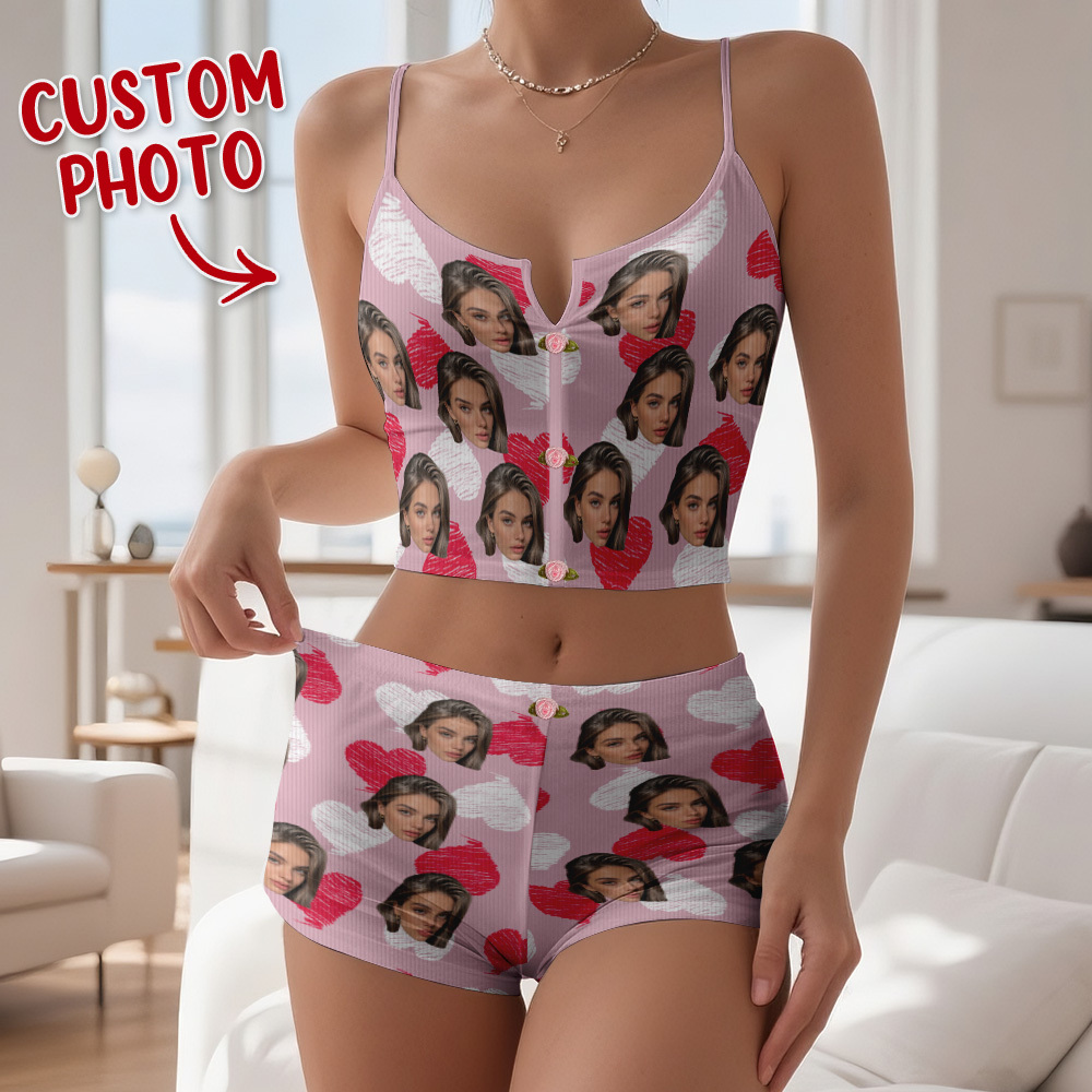 Valentine's Gifts Custom Face Appliques Notched Neckline Lingerie Set Red and Pink Heart