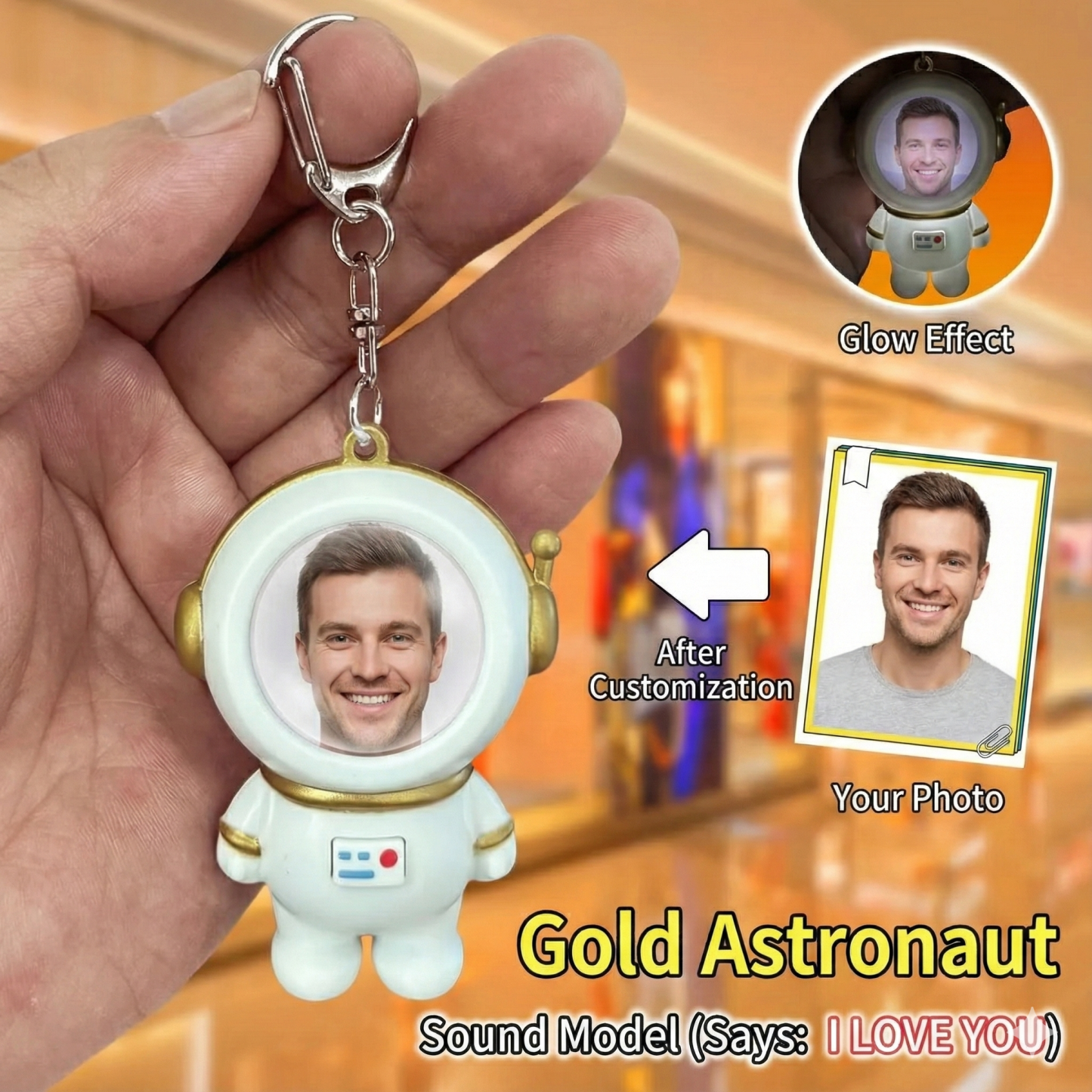 Custom Photo Astronaut With Light Keychain Speaking I Love You