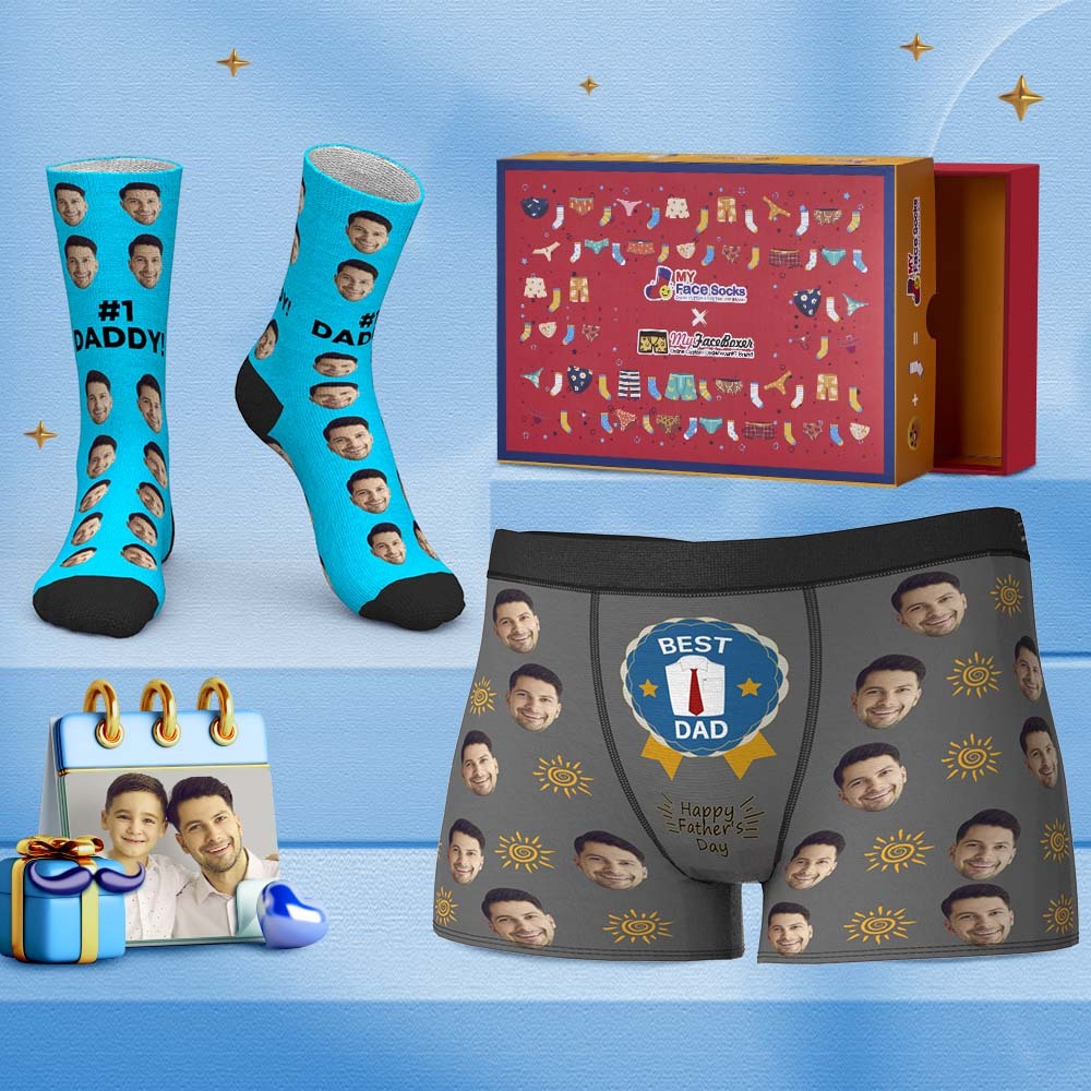 Custom Face Boxer Shorts And Socks Set Gifts For Dad #1 Daddy Co-Branding Set - MyFaceBoxer