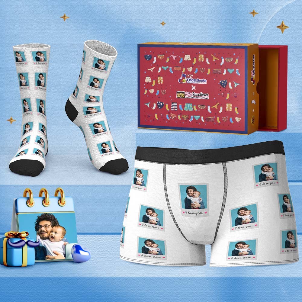 Custom Face Boxer Shorts And Socks Set Gifts To Dad I Love You Polaroid Co-Branding Set - MyFaceBoxer