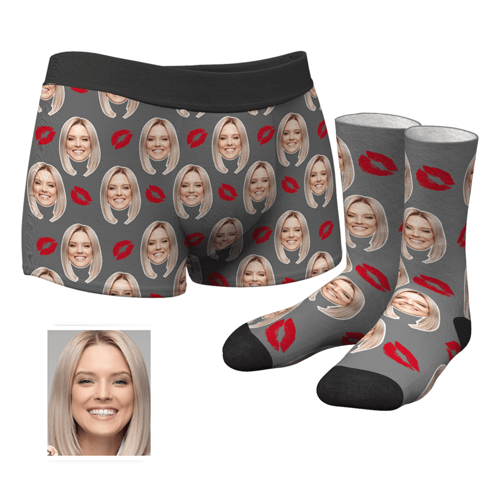 Kiss Couple Men's Custom Face Boxer Shorts And Crew Socks Set - MyFaceBoxer