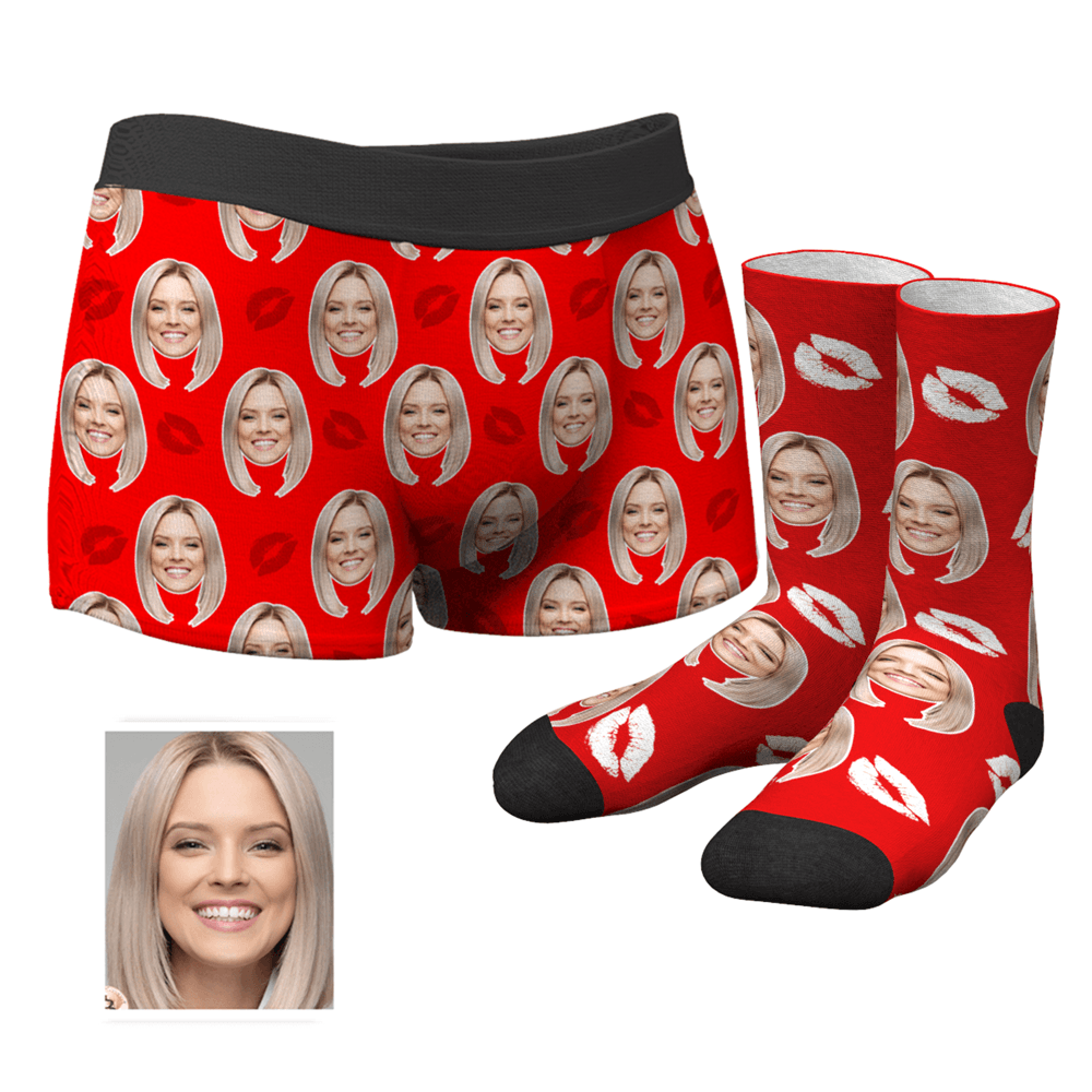 Kiss Couple Men's Custom Face Boxer Shorts And Crew Socks Set - MyFaceBoxer