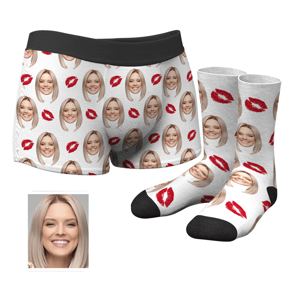 Kiss Couple Men's Custom Face Boxer Shorts And Crew Socks Set - MyFaceBoxer