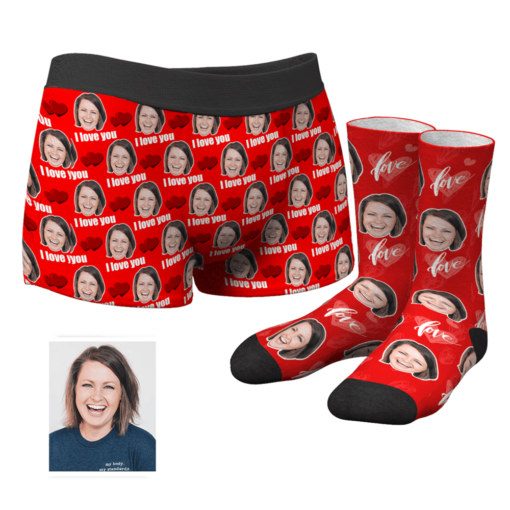 Couple Men's Custom Love Boxer Shorts And Crew Socks Set - MyFaceBoxer