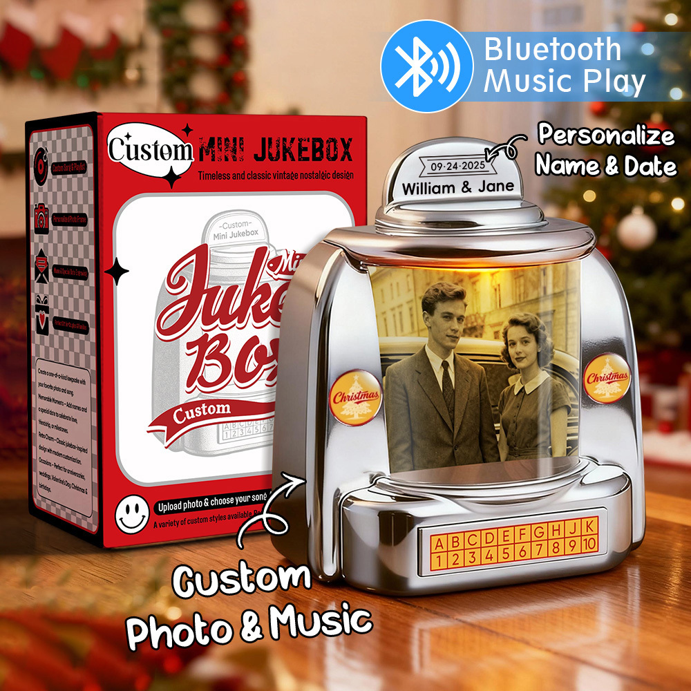 Custom Mini Jukebox Retro Speaker – Personalized Photo,Names & Date Music Mini Player with Radio | Vintage Tabletop Home Decor Nostalgic Gift