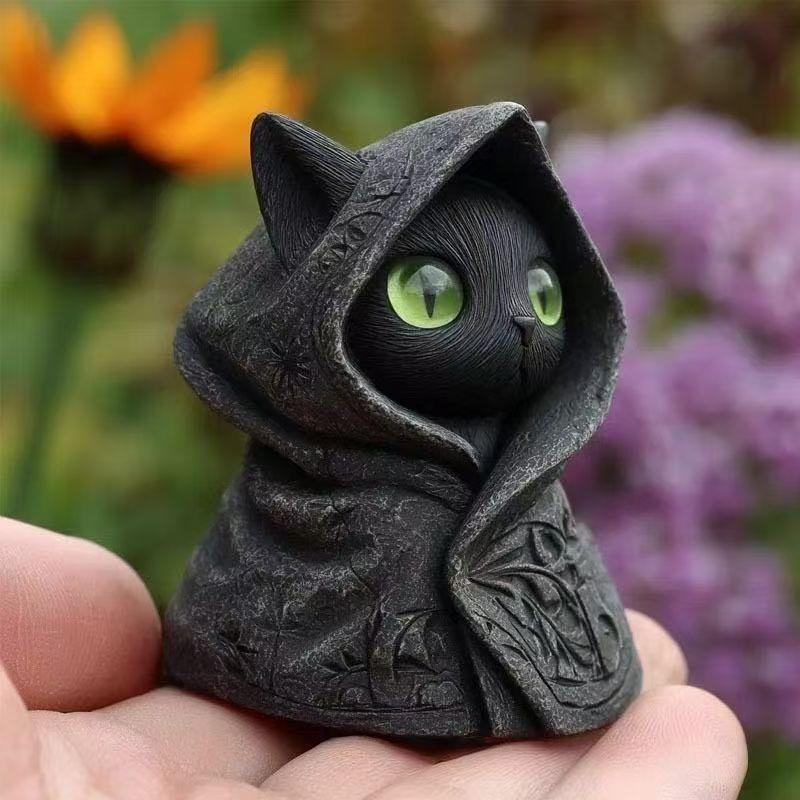 Mysterious Hooded Cat Figurine - Gothic Black Cat Statue, Fantasy Witchy Kitten Sculpture Home Decor, Perfect Gift for Cat Lovers - Bestchristmasgifts
