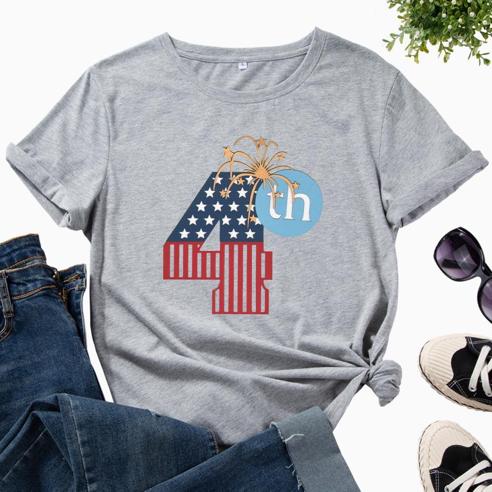 Independence Day Women T-Shirt 4th of July American Flag Short Sleeve - Gray - MyFaceBoxer