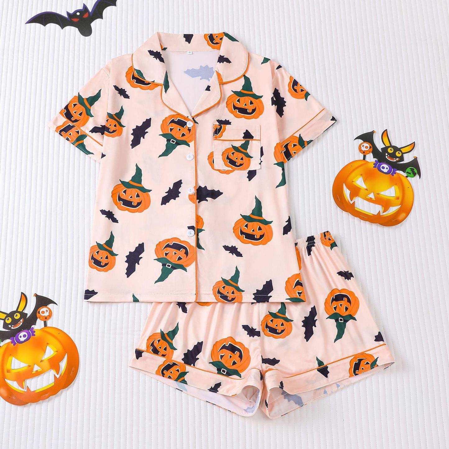 Women’s Halloween Print Pajama Set – Short Sleeve Button-Down Top and Shorts Lounge Wear