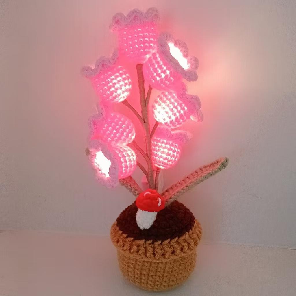 LED Light Crocheted Lily of the Valley - Glowing Potted Knit Flower Home Ambiance Decor
