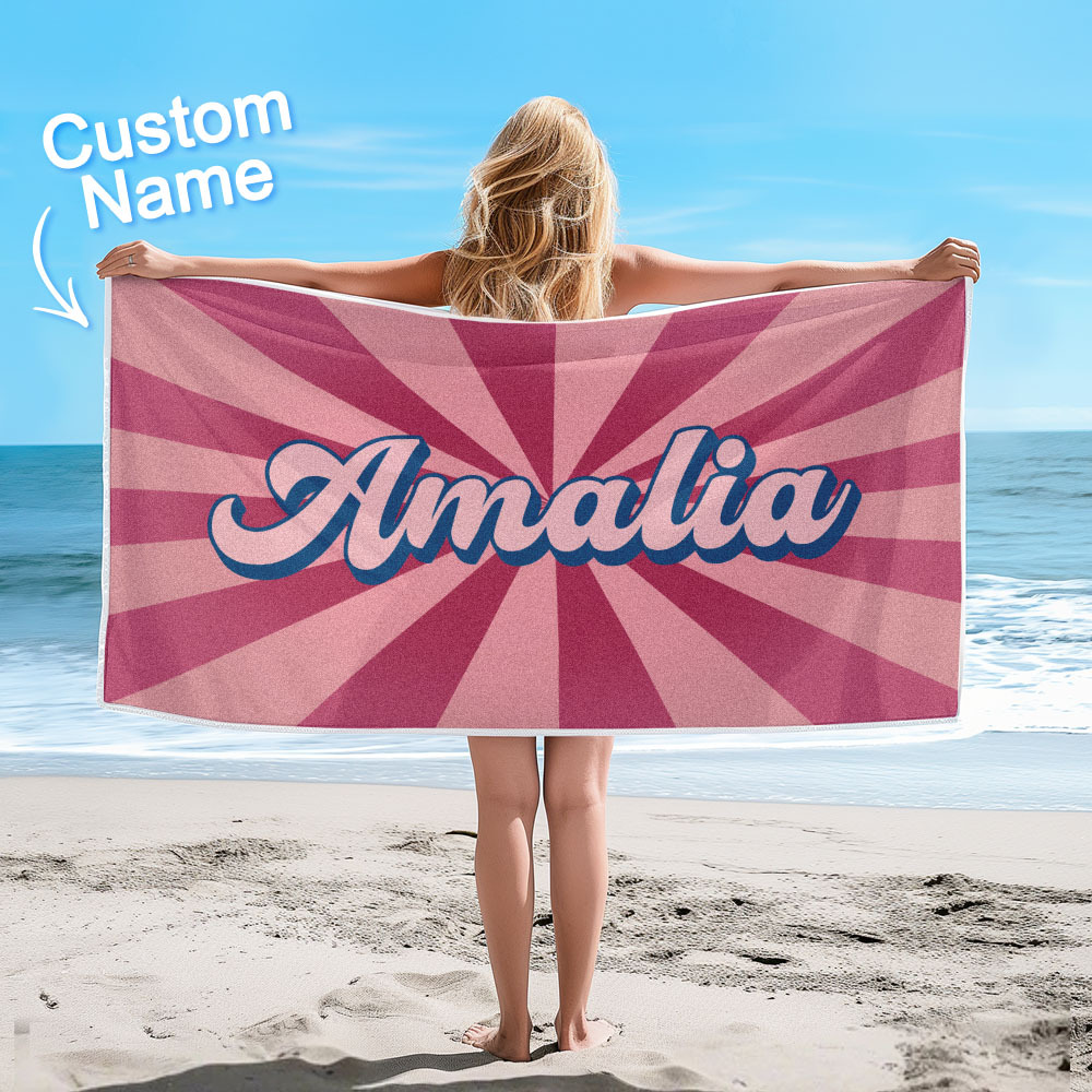 Custom Beach Towel with Name Burst Style Stripe Pattern Outside Vacation Gift - MyFaceBoxer