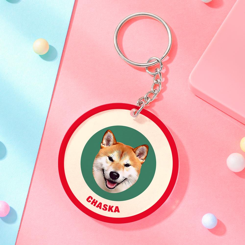 Custom Round Keychain Personalized Pet Photo with Name Keychains Gift for Pet Lover - Red & Green - MyFaceBoxer