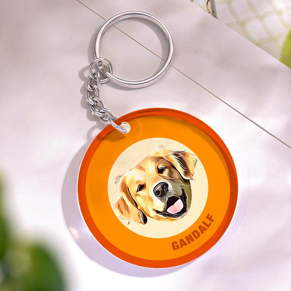 Custom Round Keychain Personalized Pet Photo with Name Keychains Gift for Pet Lover - Orange - MyFaceBoxer