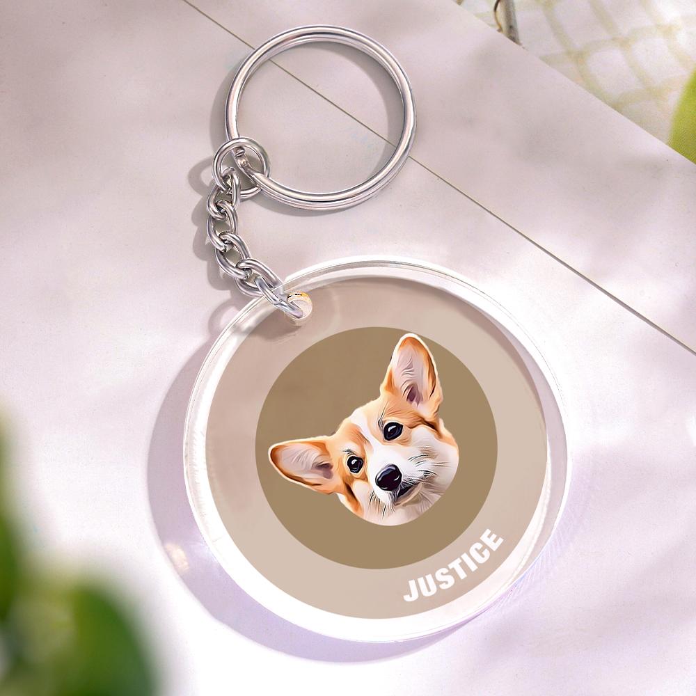 Custom Round Keychain Personalized Pet Photo with Name Keychains Gift for Pet Lover - Khaki - MyFaceBoxer