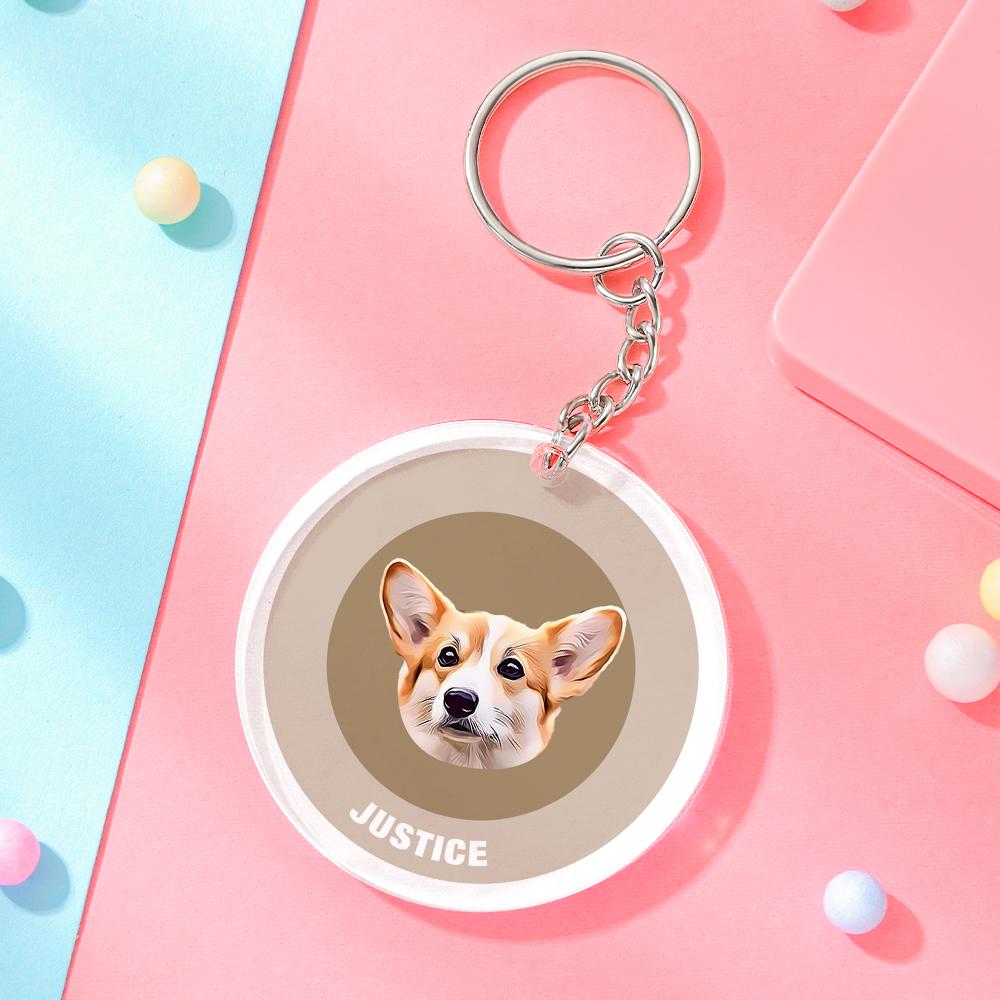 Custom Round Keychain Personalized Pet Photo with Name Keychains Gift for Pet Lover - Khaki - MyFaceBoxer