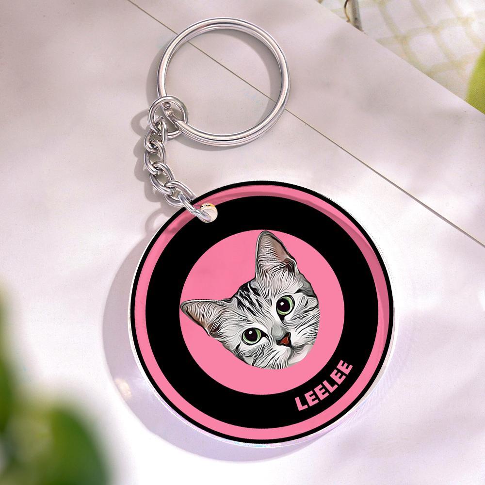 Custom Round Keychain Personalized Pet Photo with Name Keychains Gift for Pet Lover - Black & Pink - MyFaceBoxer